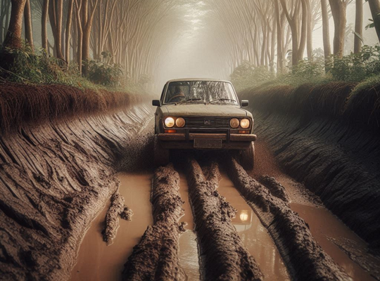 personenwagen aan het driften door een holle weg
